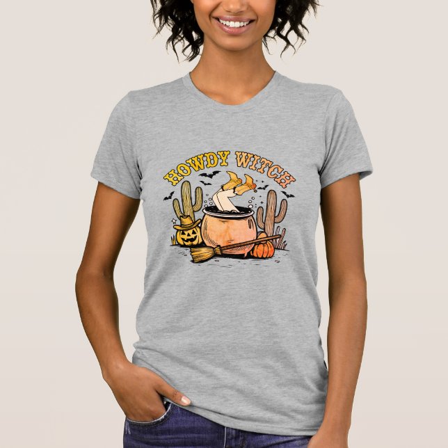 Camiseta Howdy Witch Western Halloween Cauldron (Anverso)