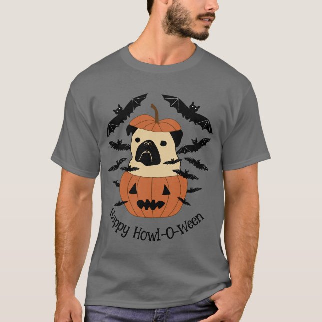 Camiseta Howl-O-Ween Pug en una linterna Jack-O con murciél (Anverso)