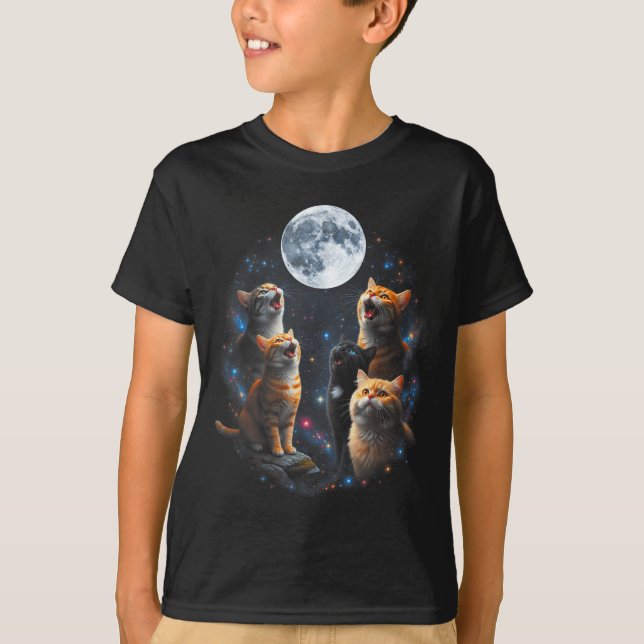 Camiseta Howling Cats Full Moon Starry Sky Galaxy Cosmic An (Anverso)