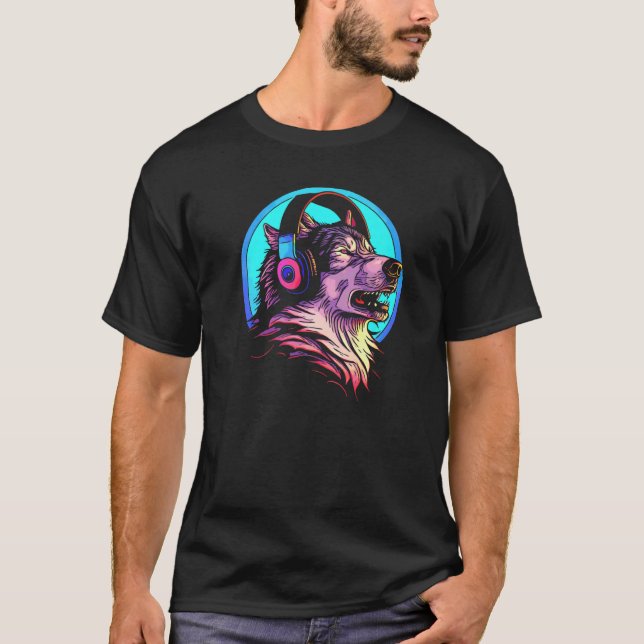 Camiseta Howling Wolf 80s Werewolf With Headphones Retro Mu (Anverso)
