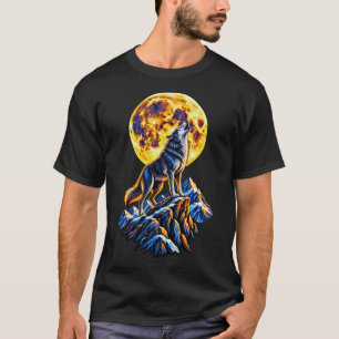 Camiseta Howling Wolf Golden Full Moon Black Graphic T-Shir