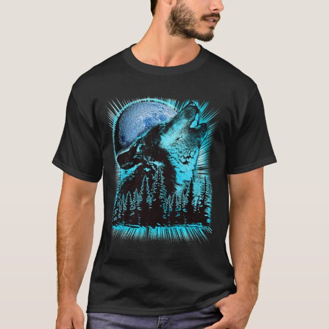 Camiseta Howling Wolf Moon Pine Forest Art (Anverso)