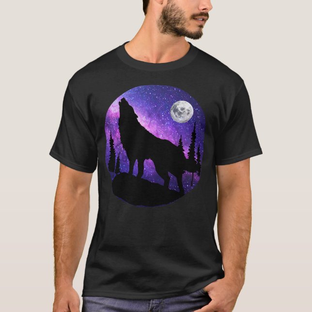Camiseta Howling Wolf Under The Full Moon With Purple Galax (Anverso)
