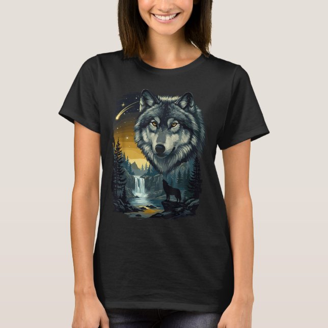 Camiseta Howling Wolf Waterfall Scene For Nature Lovers And (Anverso)