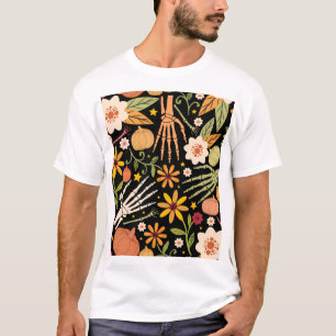 Camiseta Huesos de Halloween, patrón sin costuras florales.