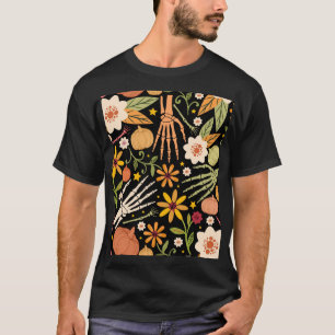Camiseta Huesos de Halloween, patrón sin costuras florales.