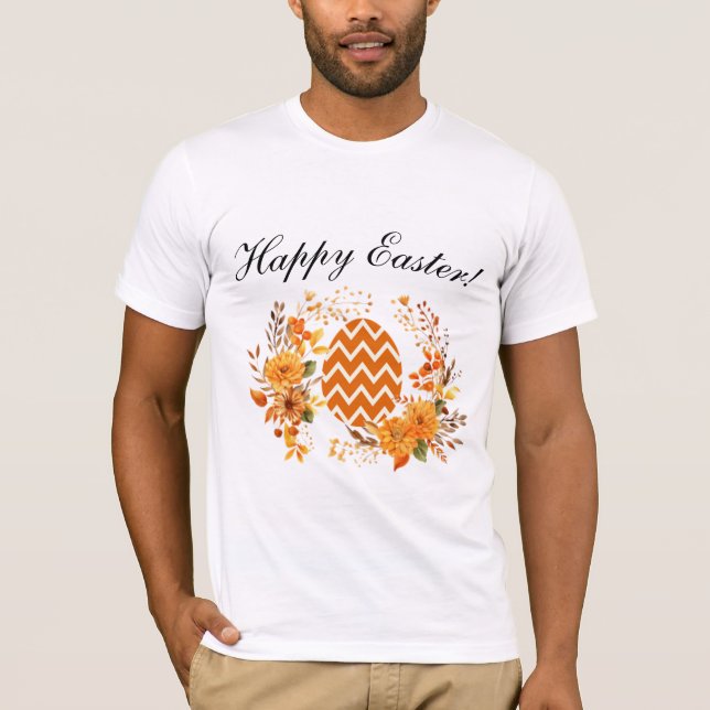 Camiseta Huevo cálido Naranja y floral Wreath feliz Pascua (Anverso)