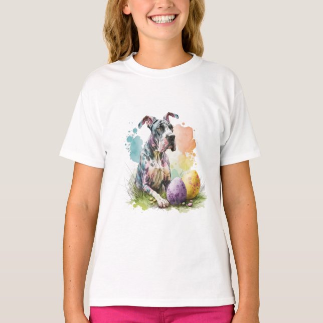 Camiseta Huevo de Pascua de Perro Grandioso de Danés, Feliz (Anverso)