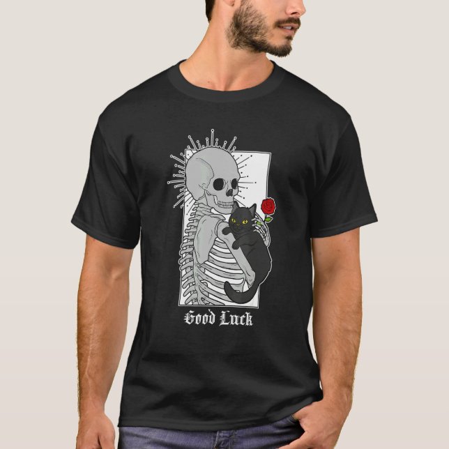 Camiseta Hugging Cat Flowers Skeleton Black Cat (Anverso)