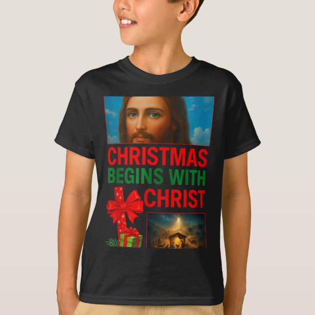 Camiseta Hugvyn Christmas Begins With Christ Jesus Cross Ch (Anverso)