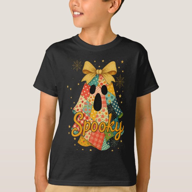 Camiseta Hugvyn Halloween Patchwork Spooky Ghost Bow Preppy (Anverso)