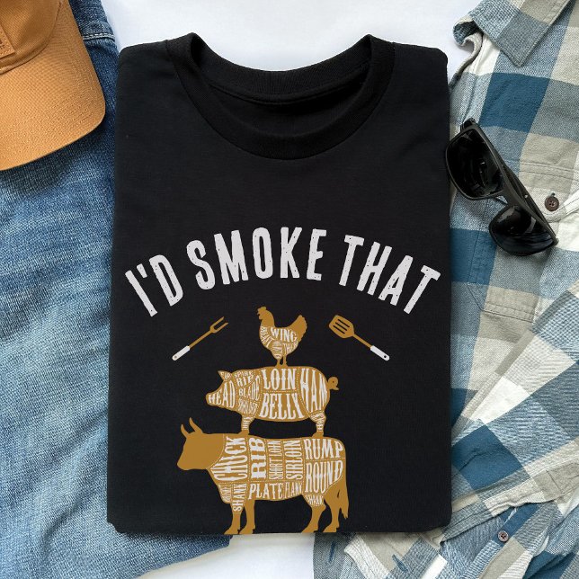 Camiseta Humaría ese gracioso regalo de parrillada de parri (I'd Smoke That butcher cuts vintage cow pig chicken BBQ grilling smoked meat funny black shirt gift)