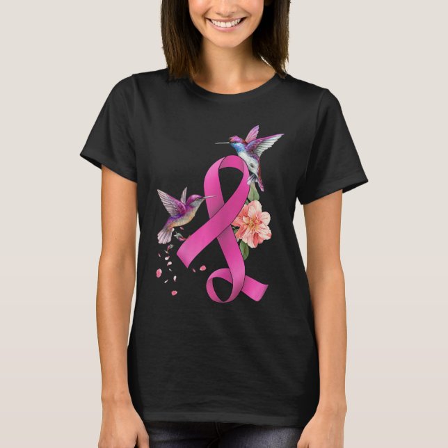 Camiseta Hummingbird Flor Cinta Rosa Consciente del Cáncer  (Anverso)