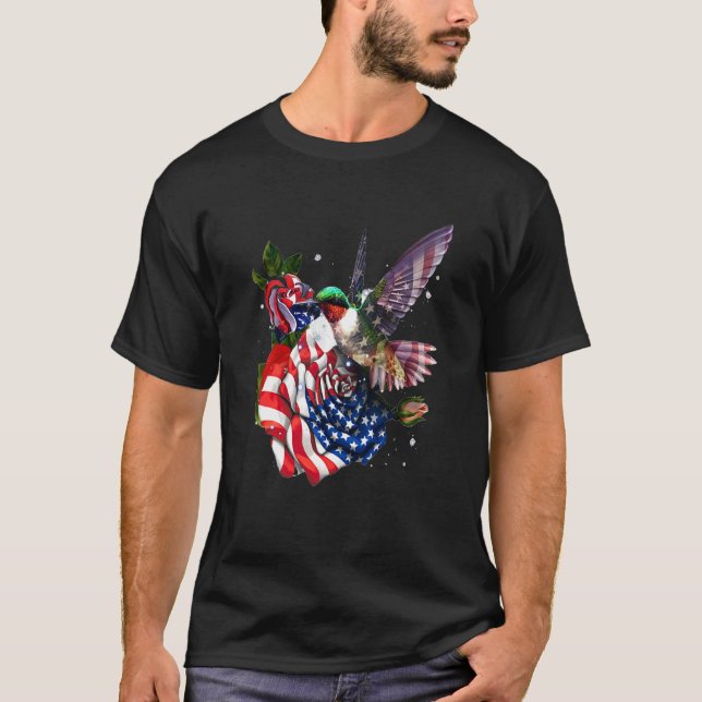 Camiseta Hummingbird Orgulloso Y Rosa Bandera Norteamerican (Anverso)
