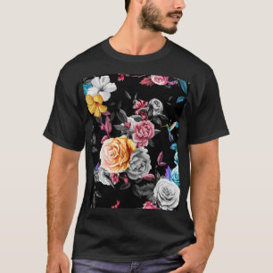 Camiseta Hummingbird, rosas: fondo negro acuarela