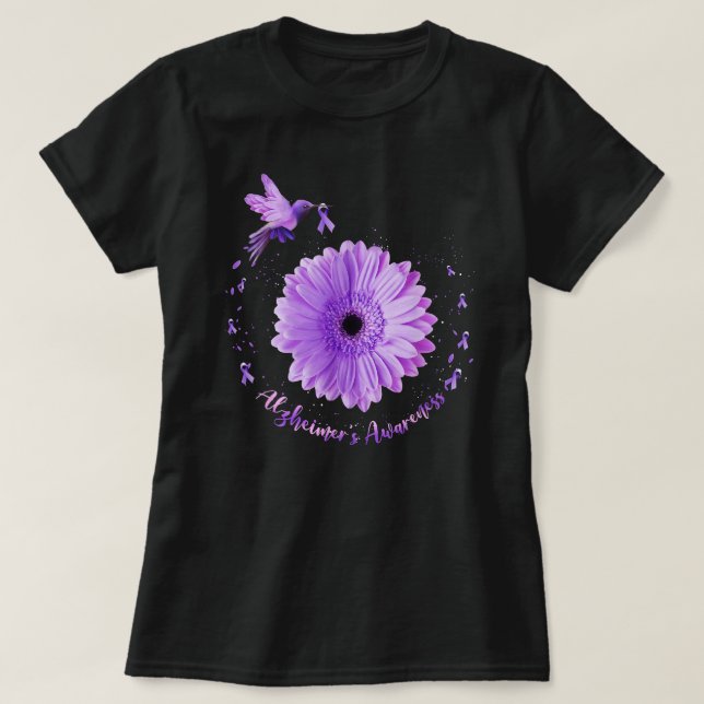 Camiseta Hummingbird Sunflower púrpura cinta alzheimer (Diseño del anverso)