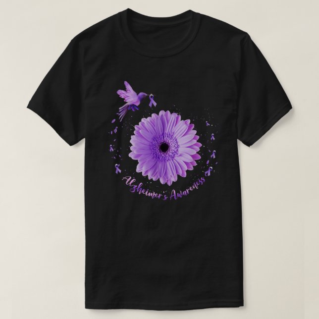Camiseta Hummingbird Sunflower púrpura cinta alzheimer (Diseño del anverso)