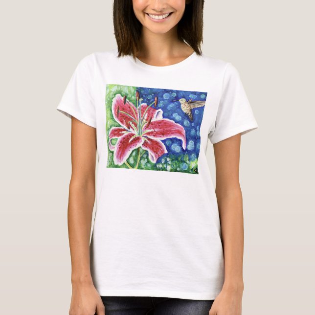 Camiseta Hummingbird y Stargazer Lily Painting (Anverso)