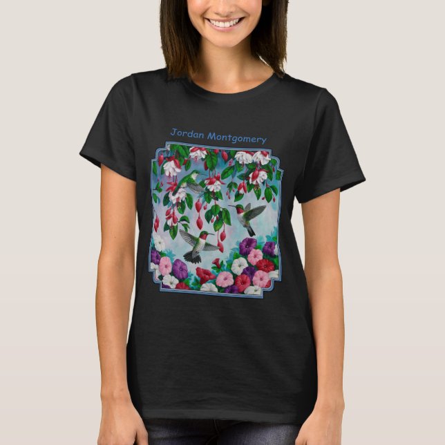 Camiseta Hummingbirds en el jardín de flores de Fuchsia (Anverso)