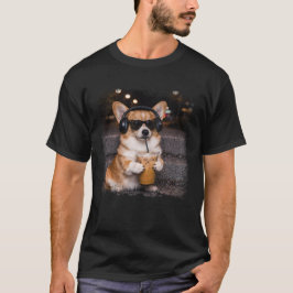Camiseta Humor de Corgi bebiendo café helado