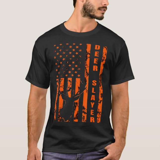Camiseta Hunter Naranja Camo Bandera Americana Deer Slayer  (Anverso)