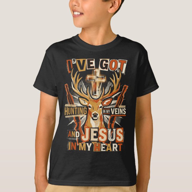 Camiseta Hunting In My Veins Jesus In Heart Christian Deer  (Anverso)
