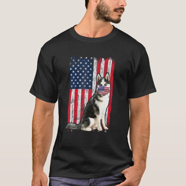 Camiseta Husky American Flag Dog Wears Face Máscara 4 De Ju (Anverso)