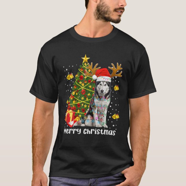 Camiseta Husky Christmas Lights Tree Santa Xmas Pajama Sibe (Anverso)