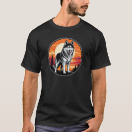 Camiseta Husky contra una vieja retro de atardecer
