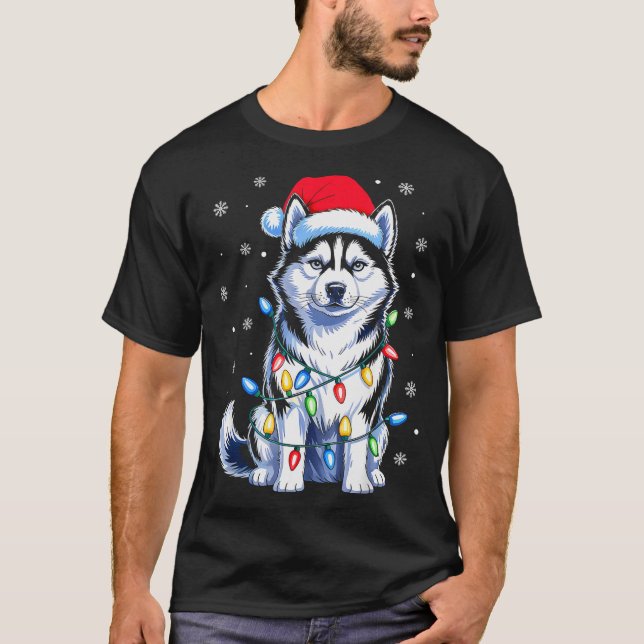 Camiseta Husky Dog Christmas Lights Santa Hat Family Xmas P (Anverso)