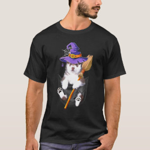 Camiseta Husky Dog Collie Witch Broom Pocket Halloween