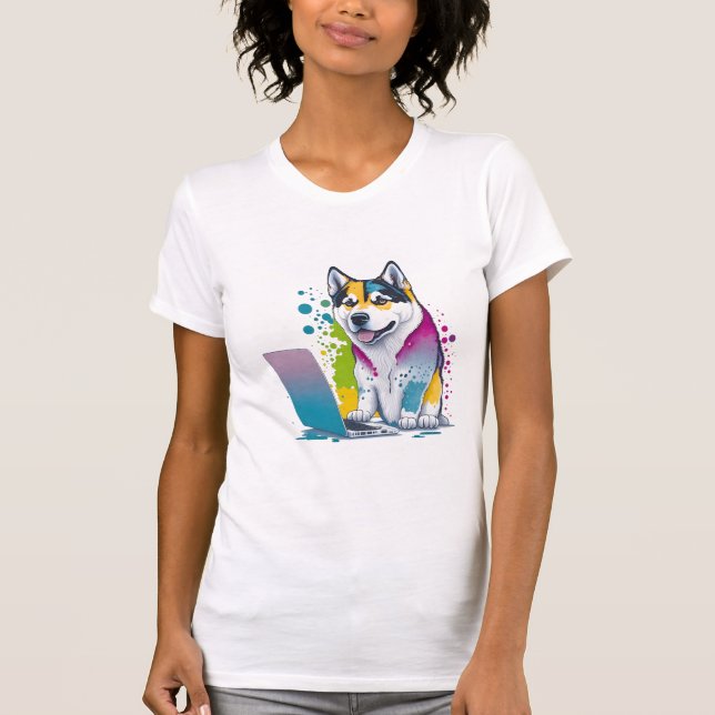 Camiseta Husky Dog Computer Rainbow Watercolor Tech Savvy (Anverso)