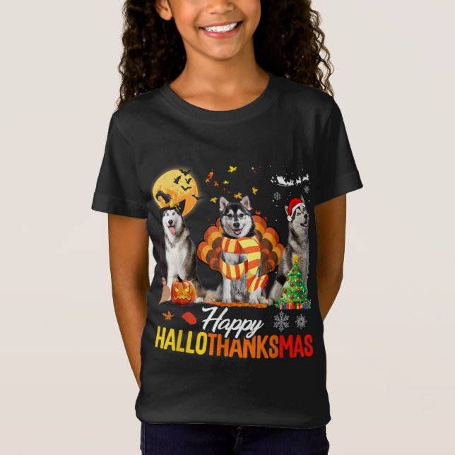 Camiseta Husky Dog Happy Hallothanksmas Halloween Thanksgiv (Anverso)