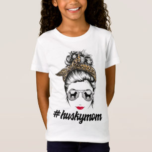 Camiseta Husky Dog Mom Messy Bun Leopard Mujeres Mascota De