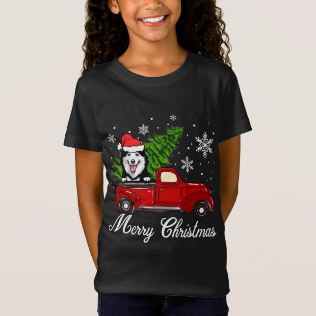 Camiseta Husky Dog Riding Red Truck Decoraciones navideñas  (Anverso)
