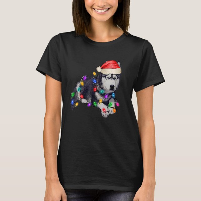 Camiseta Husky Dog Santa Hat Merry Hermoso Árbol de Navidad (Anverso)