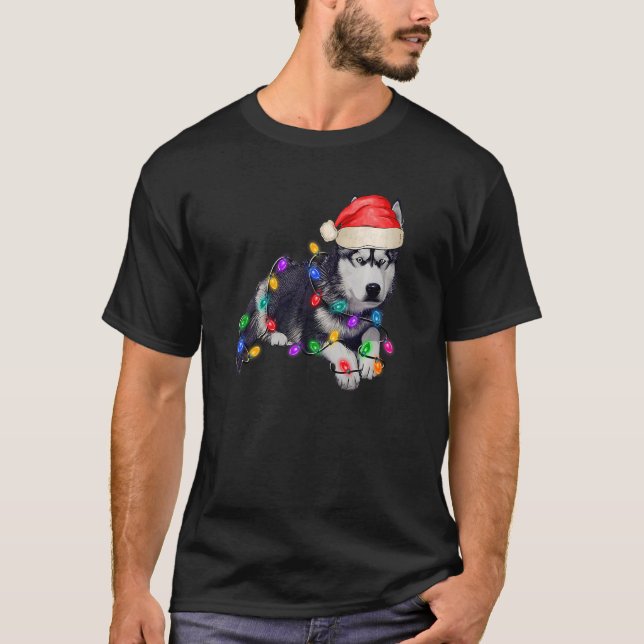Camiseta Husky Dog Santa Hat Merry Hermoso Árbol de Navidad (Anverso)