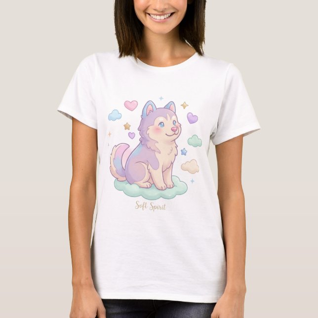 Camiseta Husky Espíritu Suave – Perro Kawaii Pastel (Anverso)