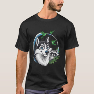 Camiseta Husky Feliz con Mapache y Colibríes
