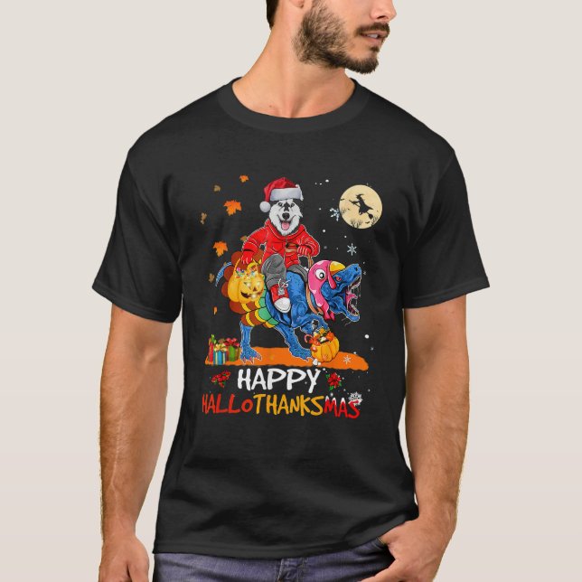 Camiseta Husky Happy Hallothanksmas Halloween Acción de Gra (Anverso)
