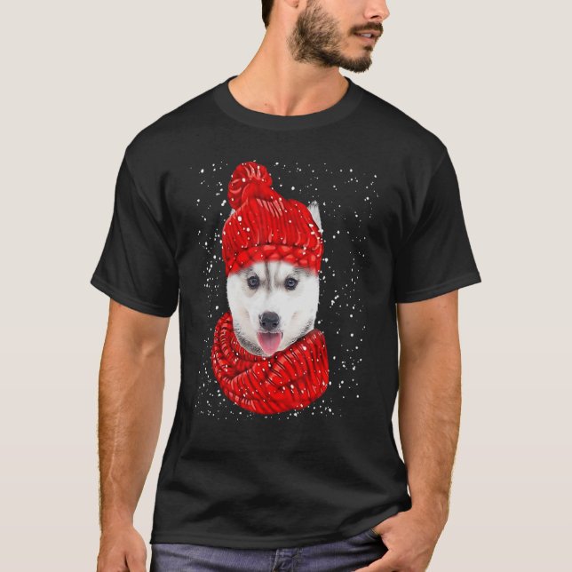 Camiseta Husky Red Winter Gorras Navidades Scarf Dog (Anverso)