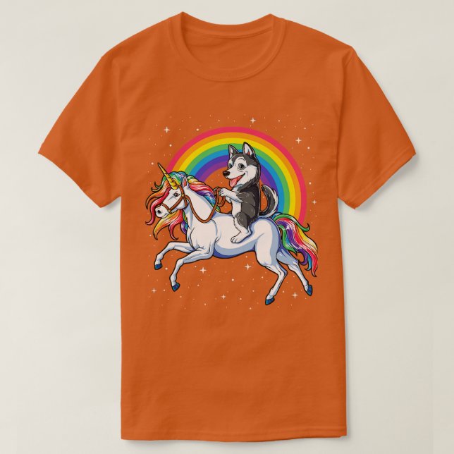 Camiseta Husky siberiano montando unicornio arcoiris para n (Diseño del anverso)