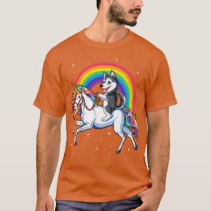 Camiseta Husky siberiano montando unicornio arcoiris para n