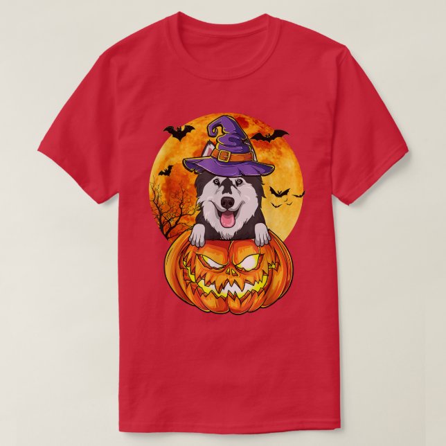 Camiseta Husky Witch Pumpkin Halloween Perro Lover Funny  (Diseño del anverso)