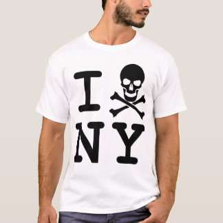 Camiseta I (cráneo y bandera pirata) NY, negro en blanco