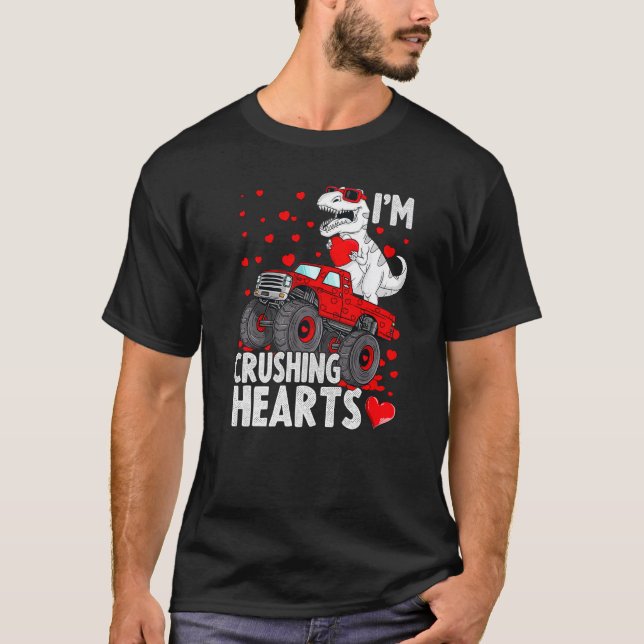 Camiseta I Crush Hearts Trex Dino Monster Truck Boys Valent (Anverso)