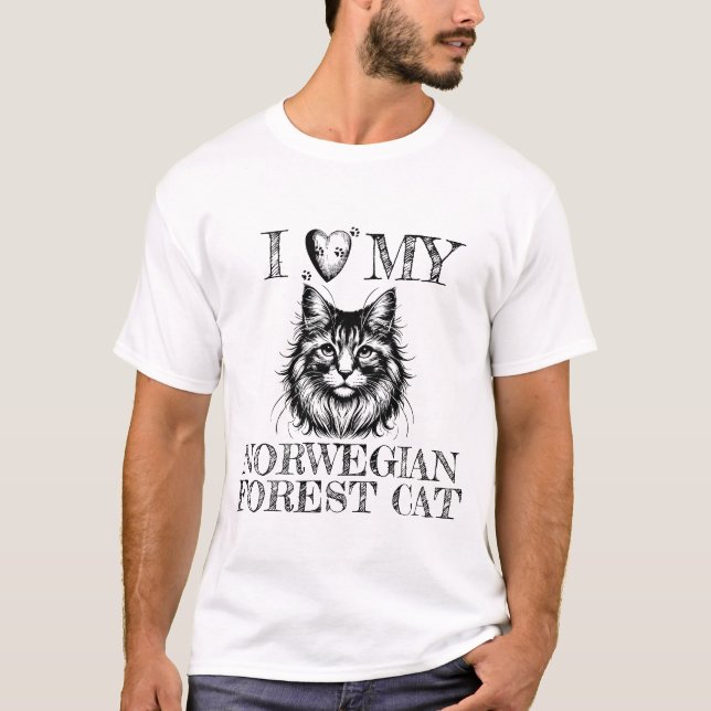 Camiseta I Heart My Norwegian Forest Cat Pawprints Black (Anverso)