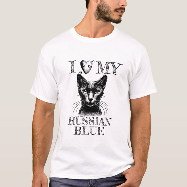 Camiseta I Heart My Russian Blue, Cat Pawprints Black (Anverso)