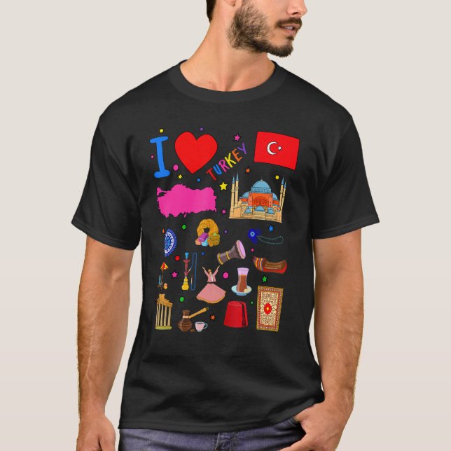 Camiseta I love Turkey  Hand drawn Turkish Landmarks  flag  (Anverso)