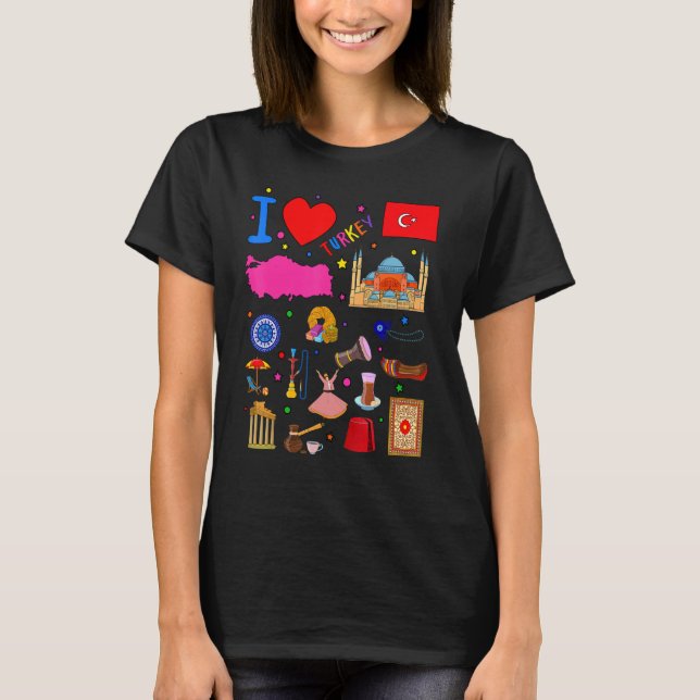 Camiseta I love Turkey  Hand drawn Turkish Landmarks  flag  (Anverso)